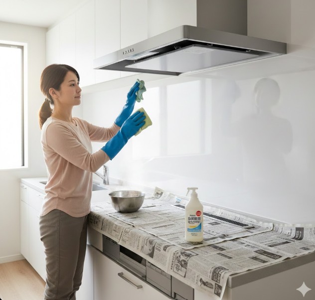 キッチンでLIXILのレンジフードASRを掃除する日本人女性。手袋を着用し、新聞紙で養生された作業台で中性洗剤とスポンジを使って拭き掃除をしている。