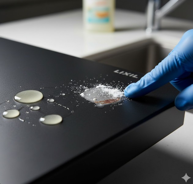 LIXILレンジフードの黒い表面に、水滴、油汚れ、そして塗装が剥がれて錆が見えている箇所がある。手袋をした指がその剥がれた部分を指している。