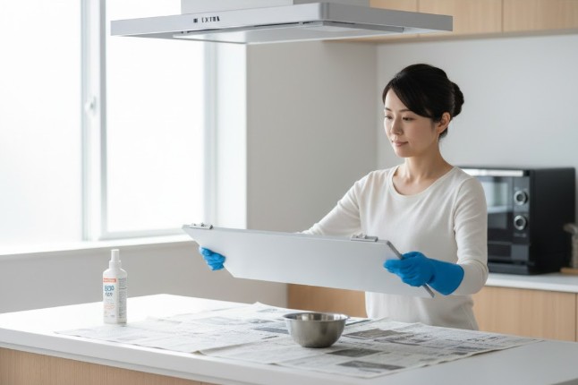 キッチンでLIXILレンジフードの整流板を慎重に取り外している日本人女性。手袋を着用し、新聞紙で養生された作業台で作業中。