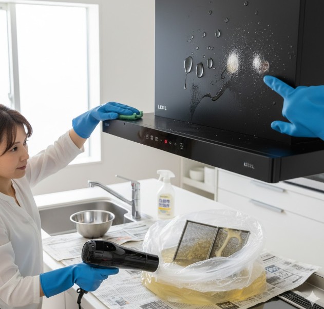 LIXILレンジフードの下で掃除をする日本人女性。手前ではゴミ袋に入れた金属フィルターをお湯と洗剤でつけ置き洗いしており、奥では温風ドライヤーで油汚れを溶かしている。