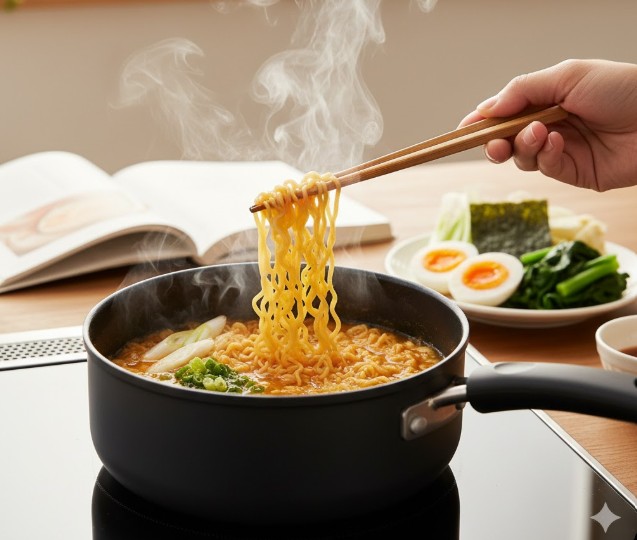 IHクッキングヒーターで、湯気が立ち上るインスタントラーメンを箸で持ち上げている様子。奥には半熟卵や野菜の添え物が置かれている。