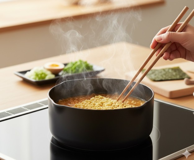 IHクッキングヒーターの上で、14cmの片手鍋でインスタントラーメンを調理している様子。箸で麺をほぐしている。