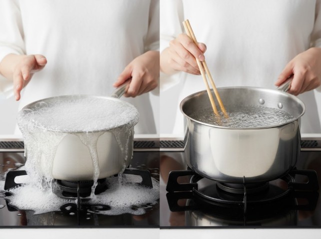 左側はガスコンロで煮沸中の鍋から泡が激しく吹きこぼれている様子。右側は別のガスコンロで煮沸中の鍋で、泡立ちが穏やかで吹きこぼれていない様子。