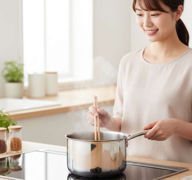 明るいキッチンで、IHクッキングヒーターの上にあるステンレス製片手鍋で調理しながら笑顔を見せる女性。