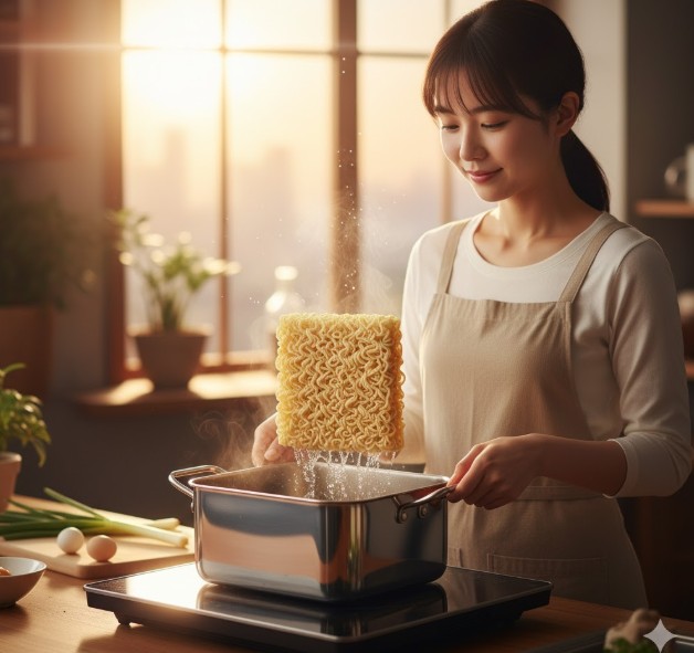夕日が差し込むキッチンで、四角い袋麺を寸胴型の四角い鍋に入れようとしている女性。