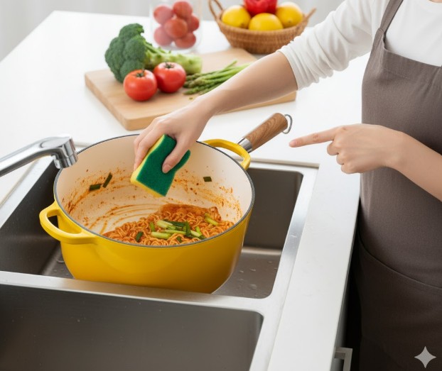 キムチラーメンを調理した後のホーロー鍋を、キッチンシンクでスポンジを使って洗っている女性の手元。