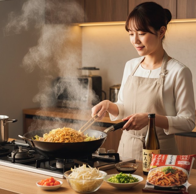 キッチンでフライパンを使い、インスタント焼きそばを調理する笑顔の日本人女性。香ばしい湯気が立ち上る。