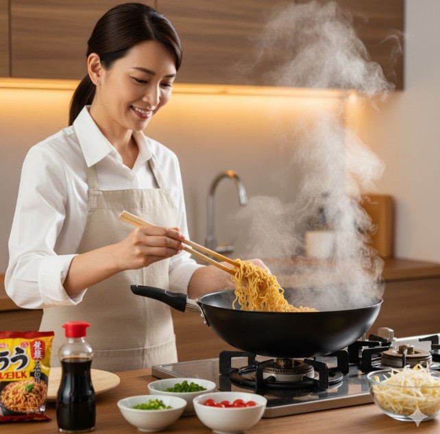 キッチンのコンロでフライパンを使ってインスタント焼きそばの麺を炒める日本人女性。湯気が出ており、香ばしい調理の様子。