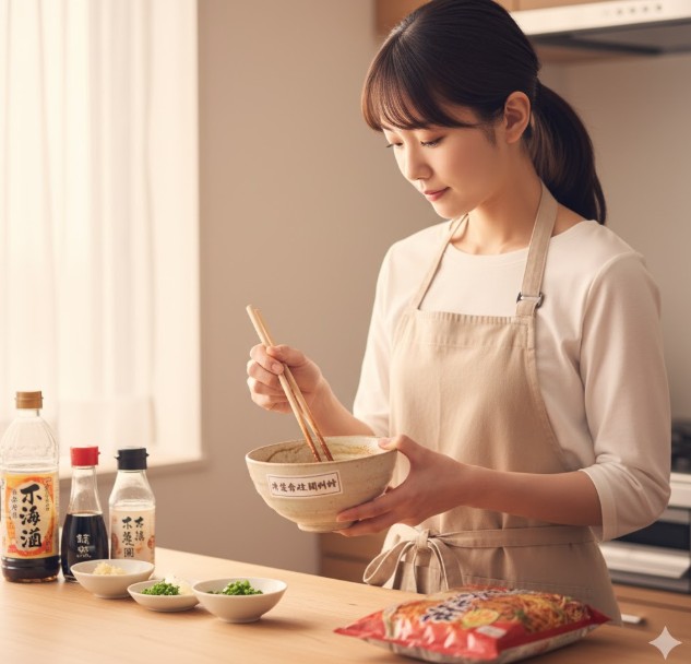 キッチンのテーブルで、小さなボウルに入った粉末ソースに調味料を加え、箸で混ぜて特製合わせ調味料を作る日本人女性。