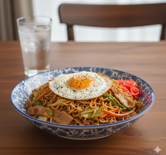 電子レンジで調理されたインスタント焼きそばが、食欲をそそる盛り付けでテーブルに置かれている様子。