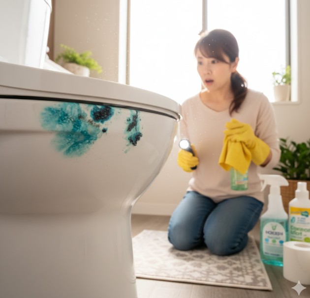 トイレの便座に青い汚れを見つけ驚く日本人女性。手袋をはめ、清掃用品を横に置き、汚れを注意深く見ている。