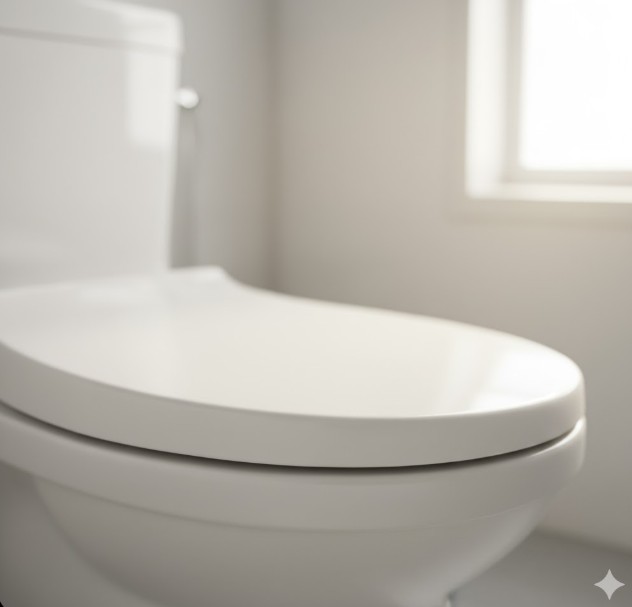 明るい窓のあるシンプルなトイレ空間に設置された、清潔な白い便器と便座。