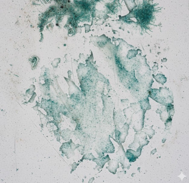 白い表面にこびりついた、落ちにくい青緑色の頑固な汚れのクローズアップ。時間が経過し、素材の奥深くまで浸透してしまっている様子。