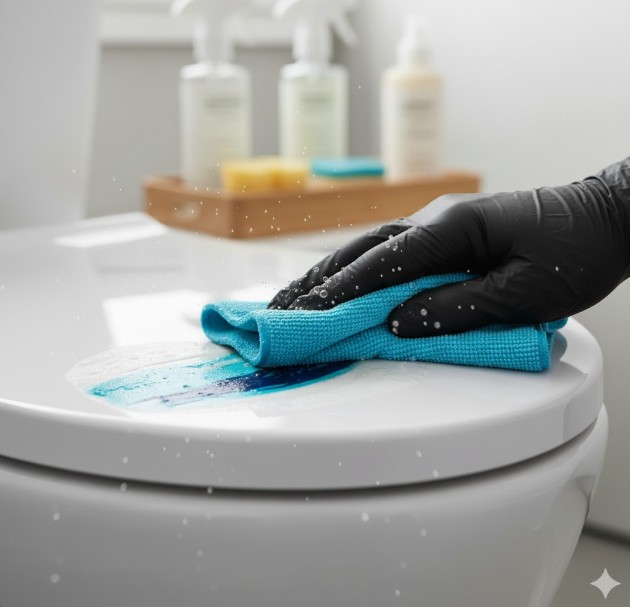 黒いゴム手袋をはめた手が、青い汚れのついた白い便座を水色のマイクロファイバークロスで拭いている。背景には複数の清掃用ボトルが並べられている。