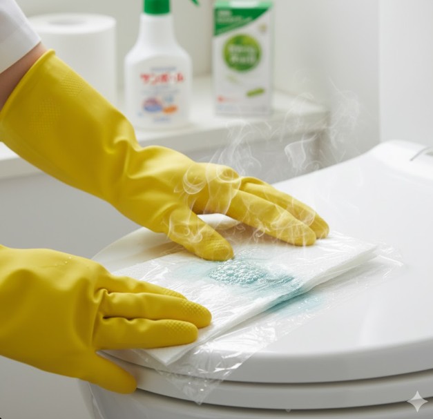 黄色いゴム手袋をはめた手が、青い汚れのある便座にトイレットペーパーと食品用ラップで酸性洗剤パックをしている様子。奥にはサンポールのボトルが見える。