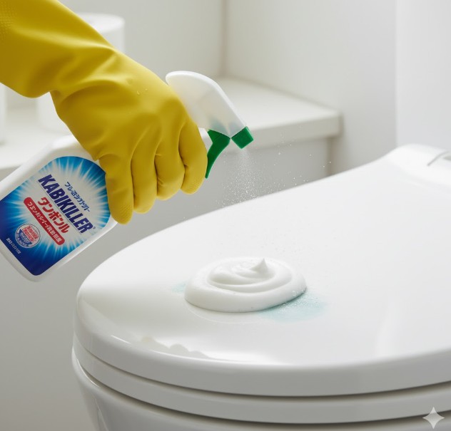 黄色いゴム手袋をはめた手が、カビキラーのボトルで青い汚れのついた便座に泡状の洗剤をスプレーしている。