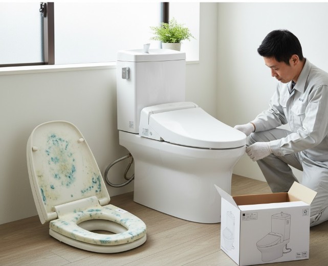 経年劣化でひどく変色・汚損した古い便座の隣で、新しい白い温水洗浄便座を設置する日本の作業員。便座の交換作業の様子。