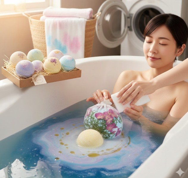湯気立つバスタブにバスボムを溶かし、リラックスした表情で入浴する女性のクローズアップ。周りには色とりどりのバスボムが並べられている。