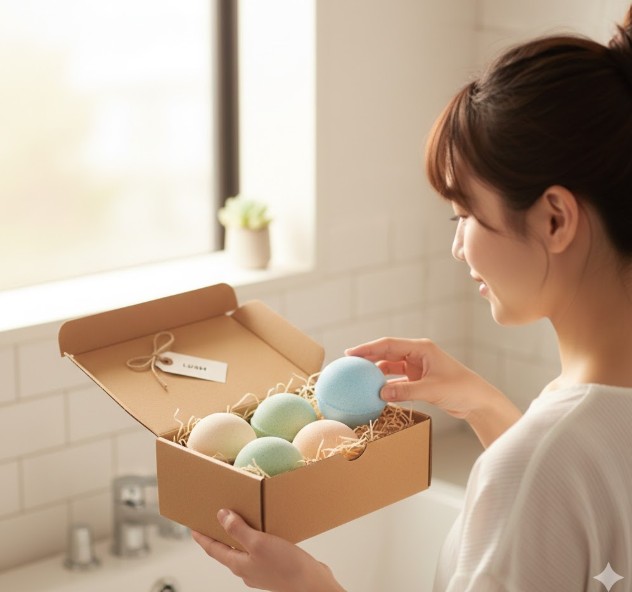 ラメや花びらが入っていない、シンプルで淡い色合いのバスボムがいくつかギフトボックスに入れられている。