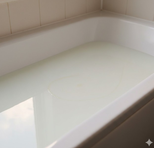 浴槽の中で溶けて乳白色になったバターボールのバスボム。湯面に油膜が薄く張っている様子がわかる。