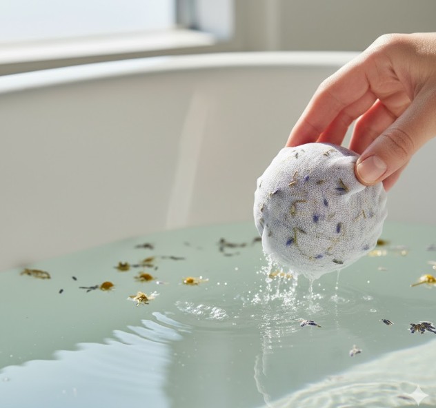 モスリンの布に包まれたバスボムが湯に浸され、布の隙間から成分が溶け出している様子。湯は花びらで汚れていない。