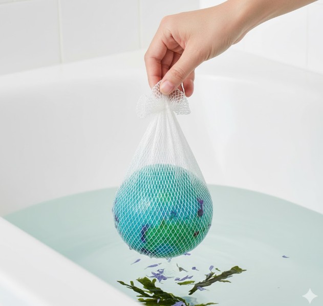 ストッキングネットに入れられたバスボムが浴槽に浮かんでおり、花びらや海藻などの固形物がネットの中に閉じ込められている。