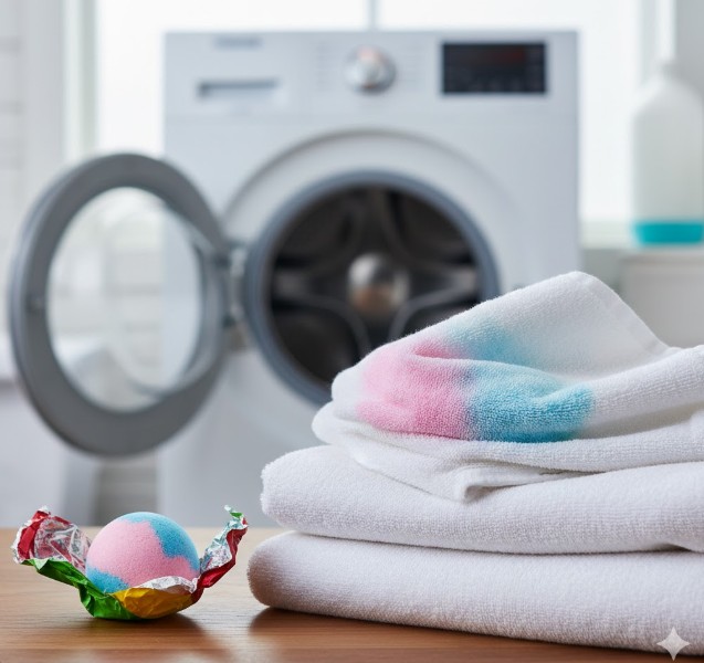 色のついたバスボムの残り湯で洗濯された白いタオルに、うっすらとピンク色が移ってしまっている様子。