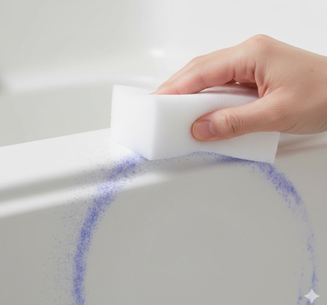 メラミンスポンジを使って、浴槽の表面に付着したキラキラしたラメや色のリング汚れを優しくこすり落としている手元のクローズアップ。