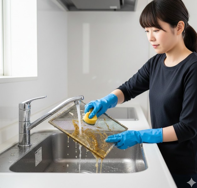 キッチンのシンクでレンジフードのフィルターを掃除する日本の若い女性。フィルターには油汚れがひどく付着しており、女性はゴム手袋を着用しスポンジで丁寧に洗い流している。