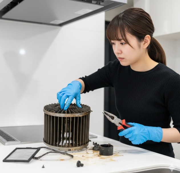 キッチンの調理台の上で、油でひどく汚れたレンジフードのシロッコファンを分解しようとしている若い女性。女性はゴム手袋をはめ、プライヤーを持って困惑した表情でシロッコファンを見つめている。