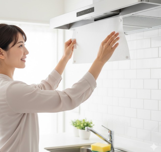 清潔なキッチンのレンジフードに、新しい不織布フィルターを取り付けている若い女性。女性は笑顔で、予防策としてのフィルター取り付け作業を行っている。