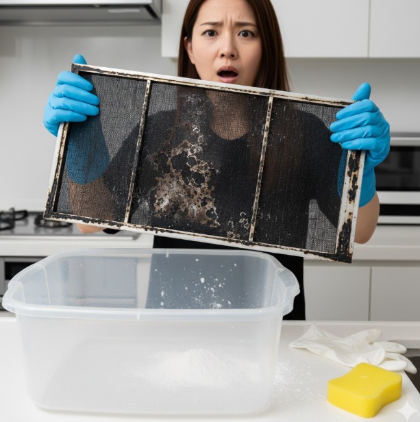 キッチンの白いカウンタートップで、アルカリ性洗剤によるアルカリ焼けで黒く変色し腐食したレンジフードフィルターを両手に持ち、驚きと後悔の表情を浮かべる日本の若い女性。
