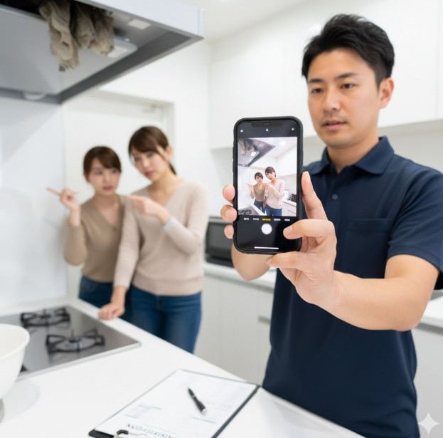 キッチンのレンジフードをスマートフォンで撮影している不動産管理会社の男性。奥には、レンジフードの異変を指差しながら困惑した表情で相談している2人の若い女性借主が見える。