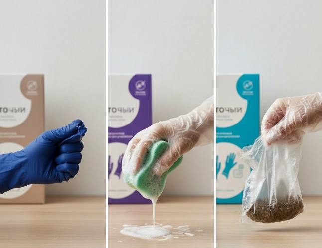 丈夫なニトリルゴム、適度な厚みの塩化ビニル、安価なポリエチレンの3種類の使い捨て手袋の素材の違いを比較する様子。