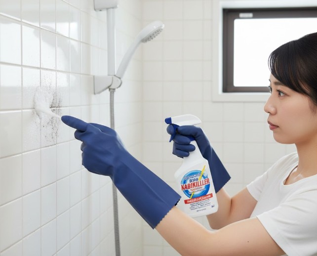 塩素系漂白剤を使用し、ニトリルゴム手袋を着用してカビ取り掃除をする様子。強い洗剤から手を守る重要性。