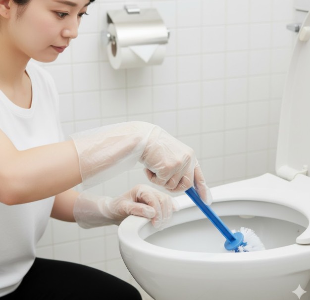 塩化ビニル手袋を着用し、トイレの便器内を衛生的に掃除する様子。不衛生な汚れへの心理的抵抗を軽減する。
