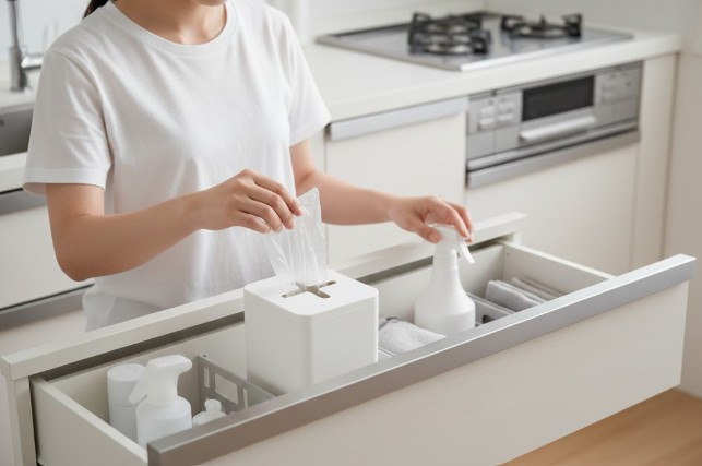 セリアのプルアウトボックスに詰め替えた使い捨て手袋を、片手で1枚ずつスムーズに取り出す収納アイデア。