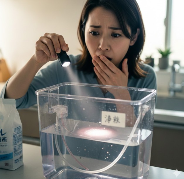 塩素が抜けてぬめりが発生した冷蔵庫の製氷機給水タンクと、衛生面を心配する日本人の主婦。