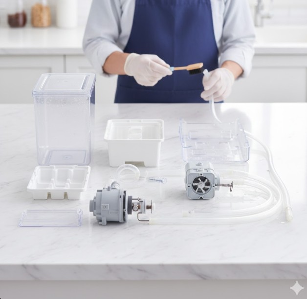 三菱製氷機の給水タンク、パイプ、ポンプ、製氷皿など全パーツを取り外し、並べて丸洗いできる状態を示す分解図。