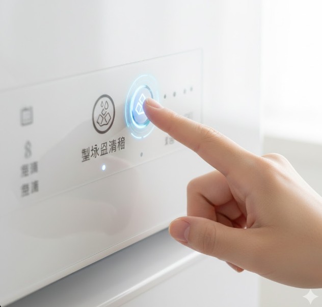 シャープ製冷蔵庫の操作パネルにある「製氷皿清掃」または自動洗浄機能を強調したボタン部分のクローズアップ。