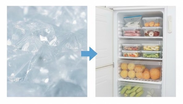 冷蔵庫の貯氷ケースと、臭い移りを防ぐために密閉容器やジッパーバッグに二重に密封された冷凍食品。