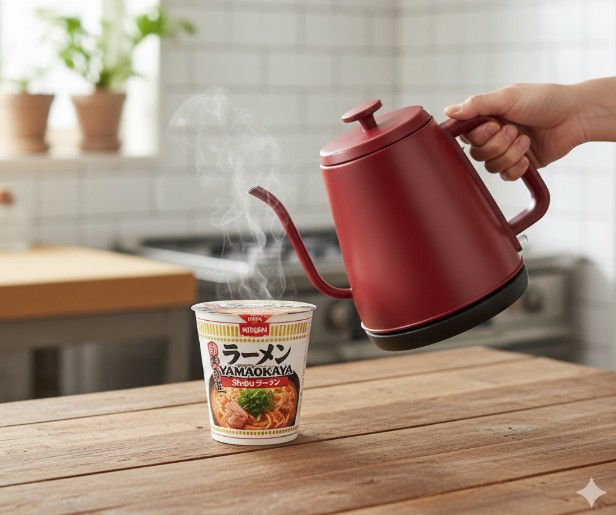 木製のテーブルに置かれた山岡家のカップ麺にお湯を注ぐ手元。カップからは湯気が立ち上っている。