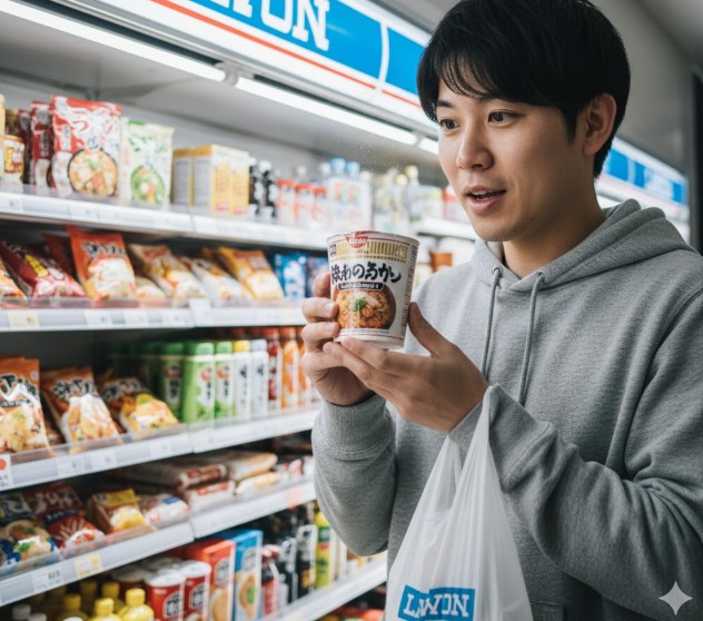 ローソン店内で山岡家のカップ麺を手に取り、嬉しそうに見つめる若い日本人男性。