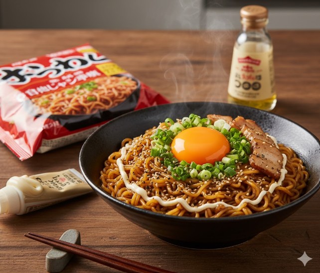 熱々のインスタント油そばに卵黄、チャーシュー、ネギがトッピングされ、マヨネーズが隠し味として添えられている。手軽で美味しそうなアレンジ麺料理のイメージ