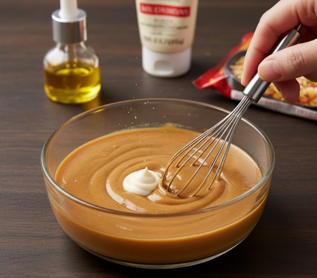 ガラスボウルに入った油そばのタレを泡立て器で混ぜている様子。隠し味のマヨネーズが乳化を促し、コクと一体感を出す調理過程
