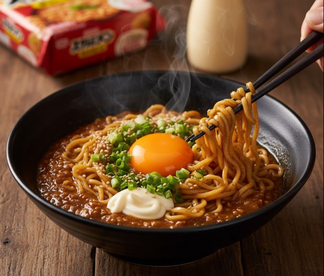 サッポロ一番みそラーメンを油そば風にアレンジした料理。卵黄、刻みネギ、ごま、隠し味のマヨネーズがトッピングされ、食欲をそそる