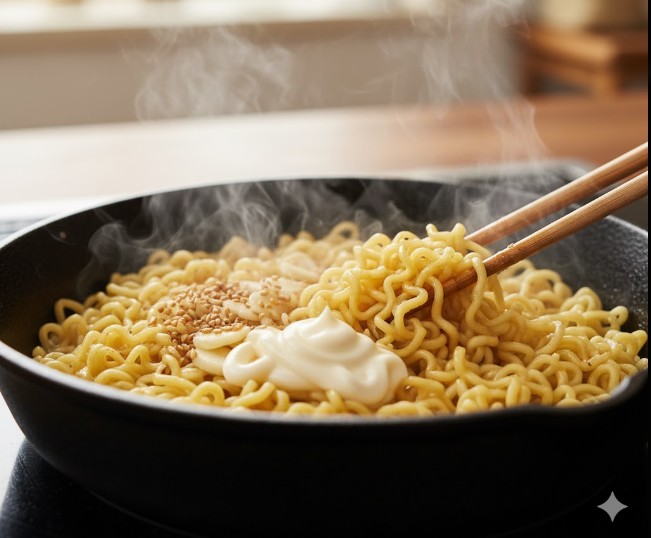 フライパンでチキンラーメンを炒めている様子。仕上げに隠し味のマヨネーズを加え、香ばしさとコクを出す調理工程