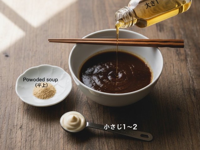 油そばのタレを作るための材料が並べられている。サッポロ一番みそラーメンの粉末スープ、ごま油、隠し味のマヨネーズの黄金比を示唆する