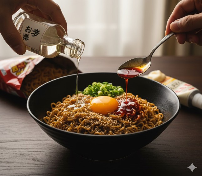 完成した油そばに、瓶からお酢を、スプーンからラー油をかけている様子。味変でさらに美味しさを加えるためのテクニック