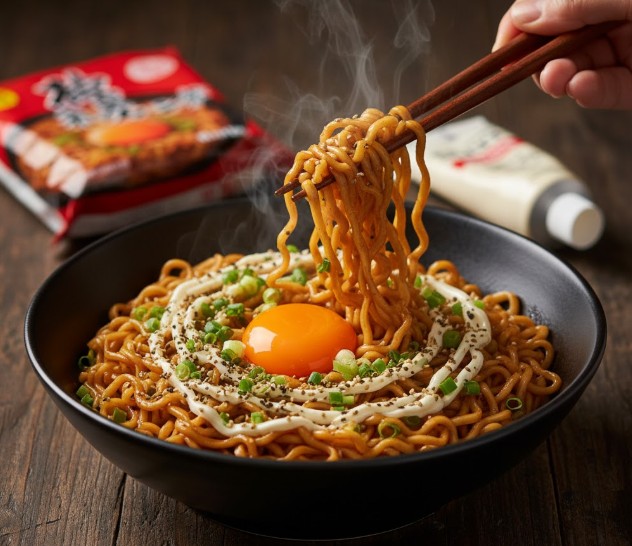 箸で持ち上げられたインスタント油そば。卵黄、マヨネーズ、ネギ、ブラックペッパーがトッピングされ、湯気が立ち上る。マヨネーズを隠し味に使う油そばの魅力を伝える